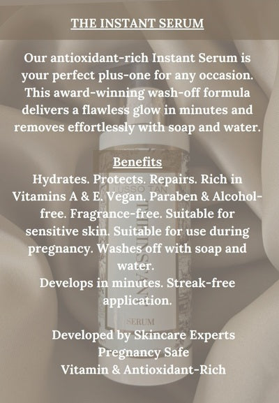 Advertisement for 'Lusso Tan The Instant Serum' with product and text overlay.