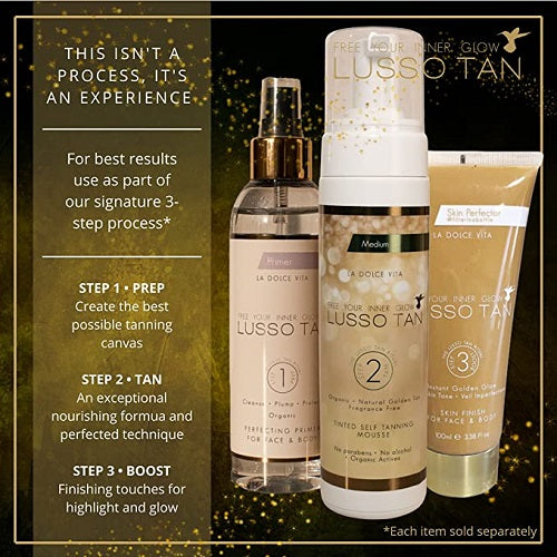 Lusso Tan tanning products with step-by-step instructions on a dark background