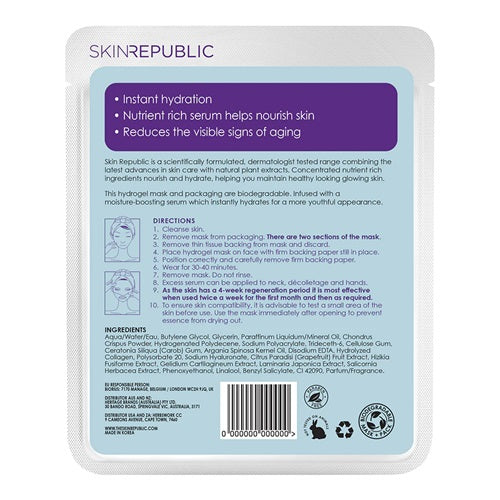 Back of a Skin Republic skincare collagen hydrogel sheet face mask packaging with text and icons.