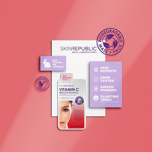 Skin Republic Vitamin C Brightening mask with branding and certification logos on a pink background