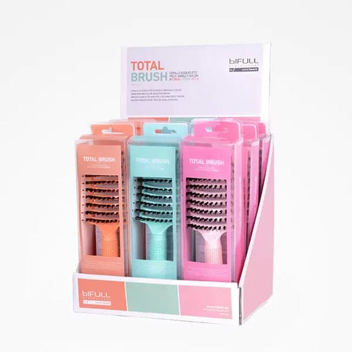 BiFull Total Paddle Hair Brush stand with orange, green and pink brushes