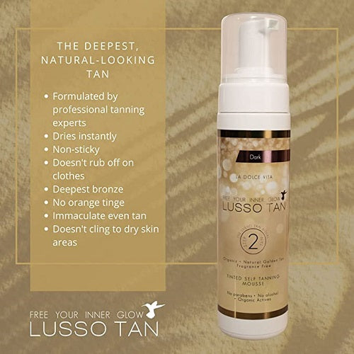 Lusso Tan dark self-tanning foam mousse with product details on a brown background