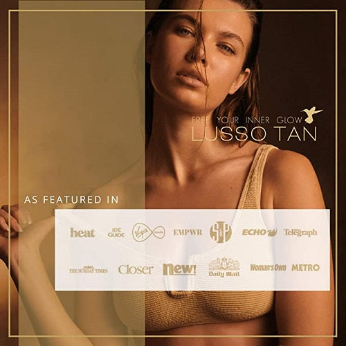 Advertisement for Lusso Tan with a woman's tan skin and brand logo.