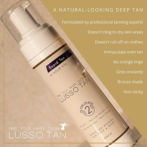 Lusso Tan Rapid tanning product with text highlighting features on a beige background
