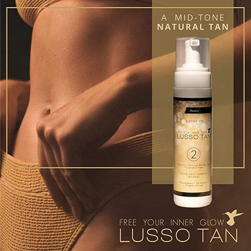 Lusso Tan medium self-tanning product with a person showing a mid-tone natural tan.