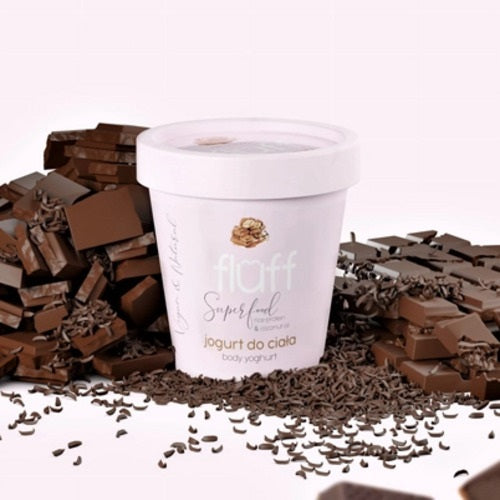 Nacomi Chocolate Fluff Yoghurt Body Lotion with chocolate chucks around it