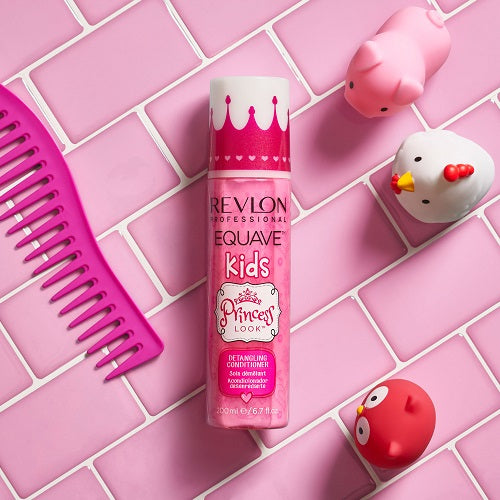 Revlon Equave Kids detangling conditioner bottle on a pink tiled background with toys and a comb.