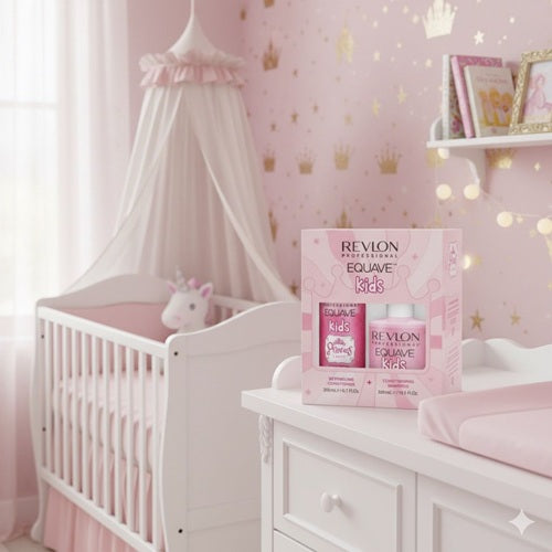 Revlon Equave Kids hair care products on a dresser in a child's bedroom with pink walls and canopy bed.