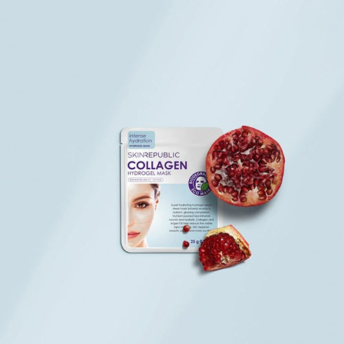 Skin Republic collagen hydrogel sheet face mask with pomegranate on a light blue background