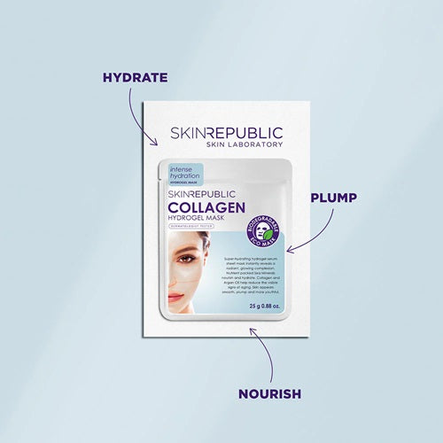 Skin Republic collagen hydrogel sheet face mask packaging on a light blue background