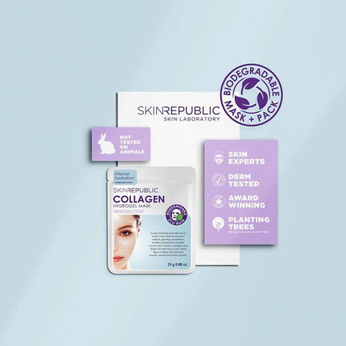 Skin Republic collagen hydrogel sheet face mask with packaging and biodegradable label on a light blue background