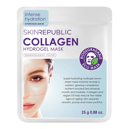 Skin Republic Collagen Hydrogel sheet face Mask packaging with text and a small image of a woman's face.