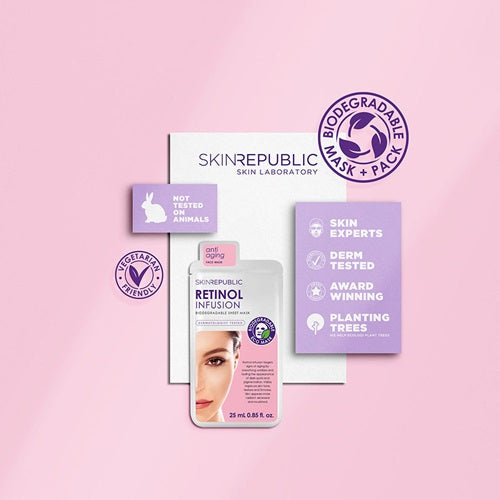 Skin Republic Retinol Face Mask skincare product packaging on a pink background with brand logos.