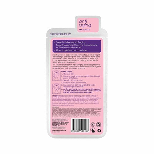 Anti-aging Skin Republic Retinol face mask packaging with pink and white design on a white background