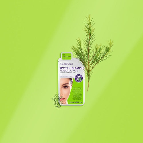 Skin Republic Spots & Blemish Sheet Face Mask with plant on green background