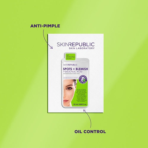 Skin Republic Spots and Blemish Face Mask skincare product packaging on a green background