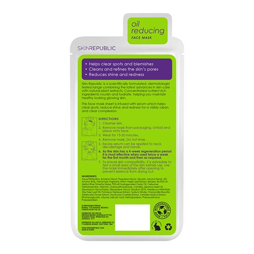 Skin Republic oil reducing face mask packaging with green and white design