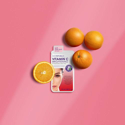 Skin Republic Vitamin C Brightening Face Sheet Mask with oranges on pink background