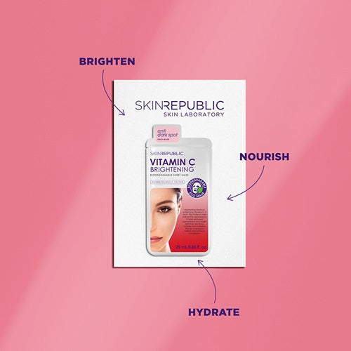 SKIN REPUBLIC Vitamin C Brightening Sheet Mask, product packaging on a pink background with text indicating benefits.
