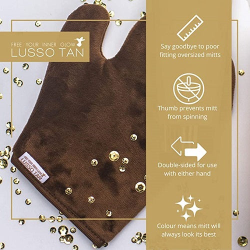 Brown velvet tanning mitt with gold sequins on a white background, featuring Lusso Tan branding and product features.