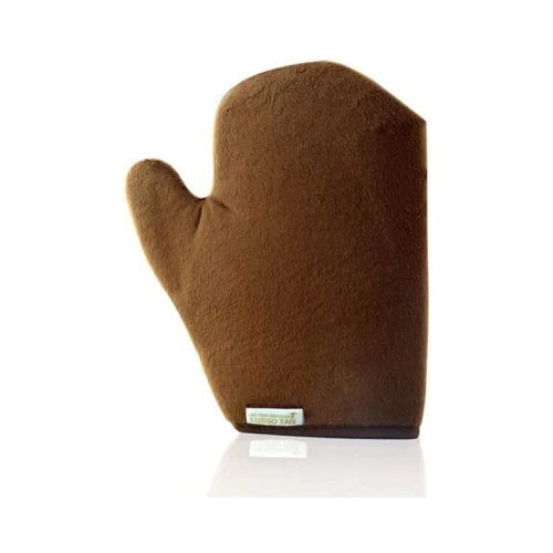 Brown Lusso tanning mitt with a brand label on a white background