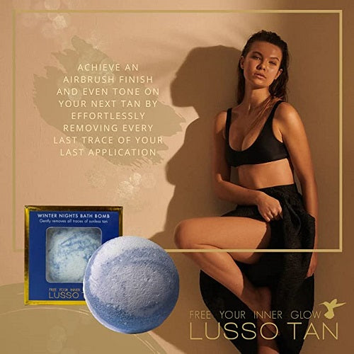 Woman posing with Lusso Tan Removing bath bomb on a beige background