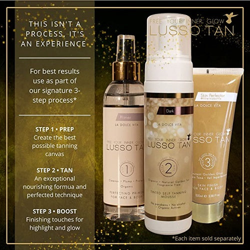 Lusso Tan tanning product set with bottles and a tube on a dark background
