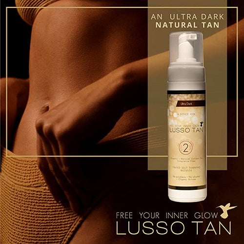 Lusso Tan self-tanning mousse with a person showing a tan on their arm.