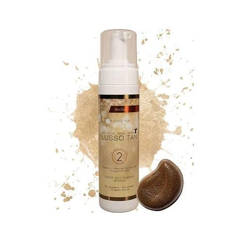 Lusso Tan self-tanning foam mousse with a brown swatch on a white background